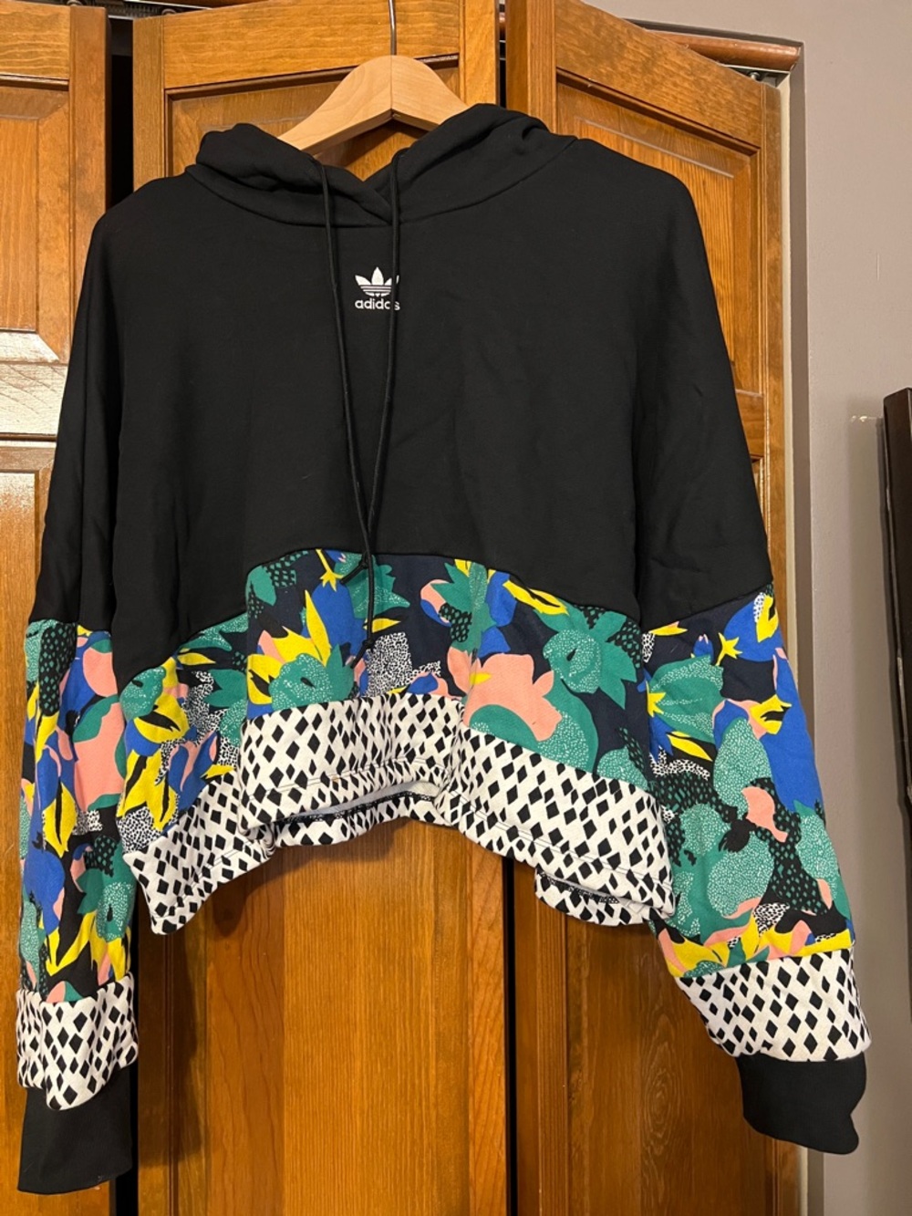 adidas cropped Black Hoodie with Multicolor Floral & Geometric Panels